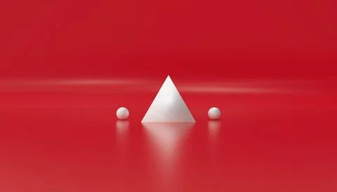 Marble pyramid with two small marble spheres on a glossy red background Illustrazione stock