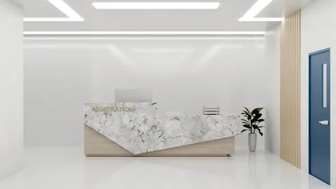 Marble registration reception counter in shiny white room with blue door in.. Stock Illustration