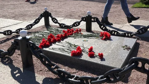 On the marble slab of the monument there are red carnations Stock Footage 94890145