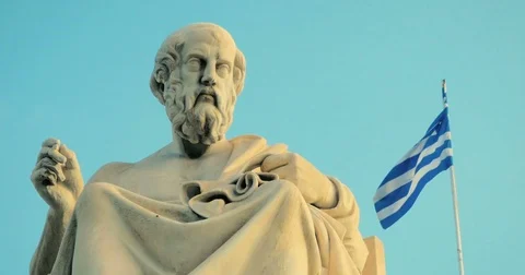 Marble statue of the Greek philosopher Plato background of Greek architecture Stock Footage 83786832