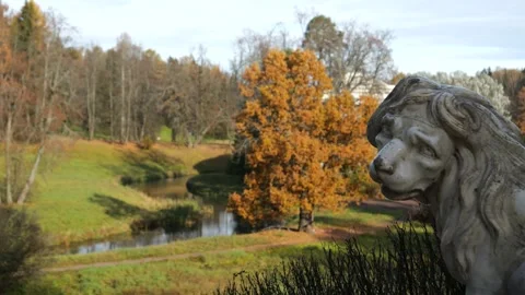 Marble statue of Lion on Large stone staircase in Landscape Pavlovsk Park Stock Footage 321186031