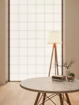 Marble stool table on parquet floor across standing lamp aside glass tiles .. 스톡 일러스트
