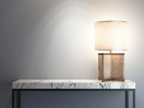 Marble table with bright lamp. 3d rendering Stockillustratie