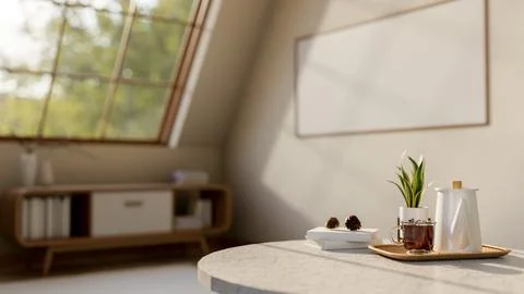 Marble table with glass cup, teapot and potted plant and bookcase under slo.. Stock Illustration