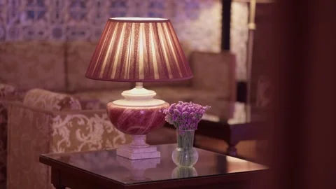 Marble Table Lamp and Flower Vase on Side Table in Lounge Stock Footage 342762506