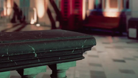 Marble table in a public indoor space with benches and decorations Stock Footage 345053899