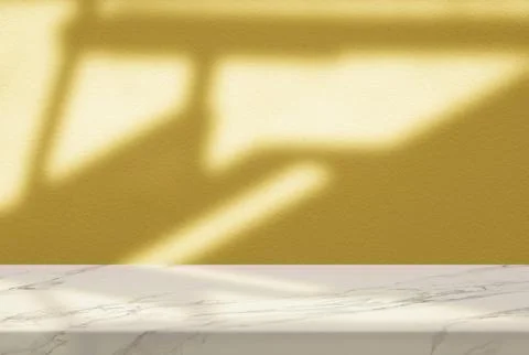 Marble Table with Stair Shadow on Gold Concrete Wall Texture Background Stock Photos