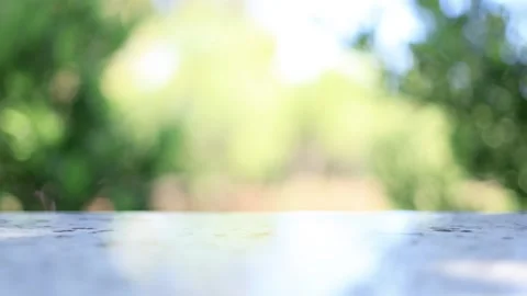 Marble table surface with blurred green garden background, bright natural Stock Footage 329819846