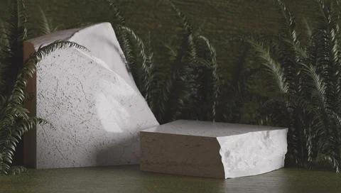 Marble texture table and green leaf wall product display background.3d Stock Photos