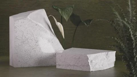 Marble texture table and green leaf wall product display background.3d Stock Photos