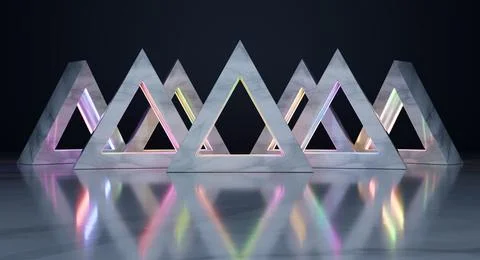 Marble triangles with neon lights creating a futuristic scene Stock Photos