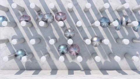 Marble wall, soft metallic balls falling. Abstract illustration, 3d rendering Stock Illustration