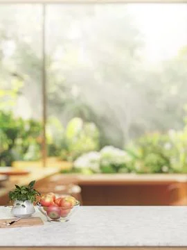 A marble white kitchen tabletop with a blurred background of a garden. Stock Illustration