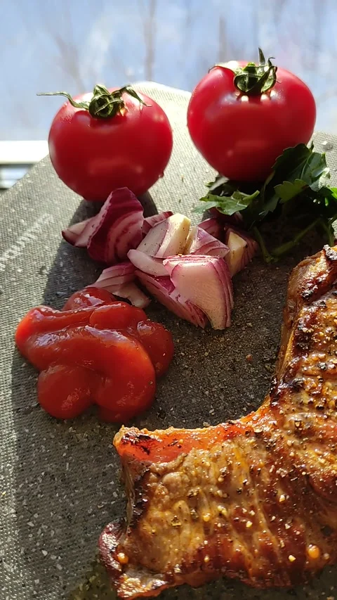 Marbled beef steak with fresh vegetables and wild rice. Stock Footage 204141153