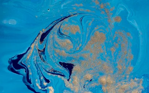 Marbled blue abstract background with golden sequins. Liquid marble ink pattern. Stock Illustration