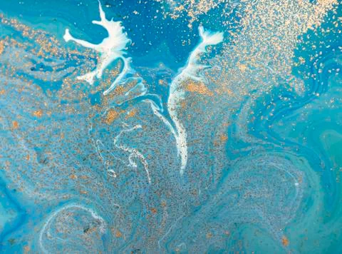 Marbled blue abstract background with golden sequins. Liquid marble ink pattern. Stockillustratie