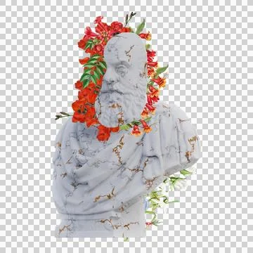 Marcantonio Ruzzini statues 3d render, collage with flower petals compositi.. Stock Illustration