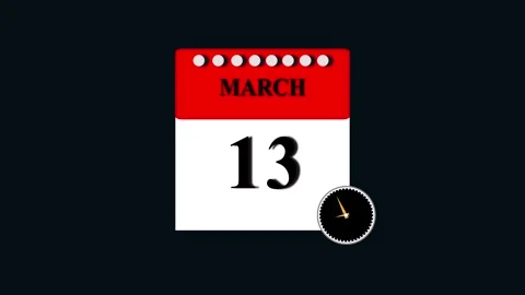 March 13 calendar page with rotating clock animation for deadline and sched.. 스톡 동영상 332896436