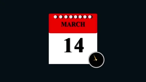 March 14 calendar date with rotating clock animation for deadline and sched.. Stock-Footage 332896421