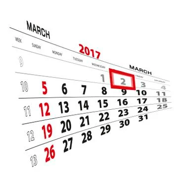 March 2, highlighted on 2017 calendar. Stock Illustration