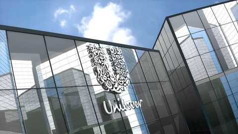 March 2019, Editorial use only, Unilever logo on glass building. Stockbeeldmateriaal 105412085