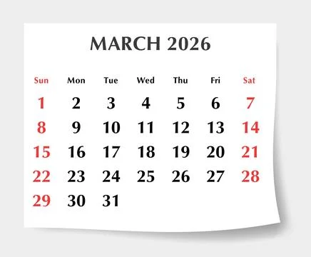 March 2026 English calendar planner. Monthly vector page Sunday start. Stock Illustration