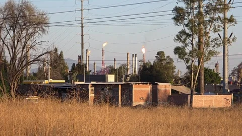 March 21, 2026, active and inactive chimneys at the Salamanca refinery, Mexic Stock Footage 334872668