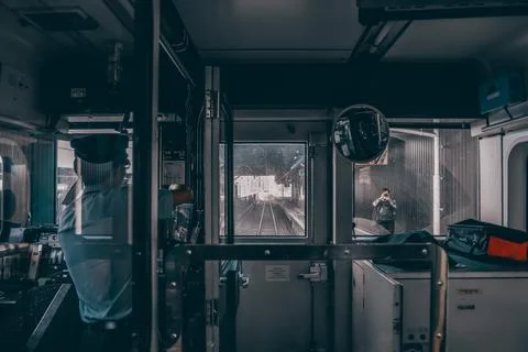 March 23 2025 train Driver View From Cabin Over Cityscape and Railway Track.. Stock Photos