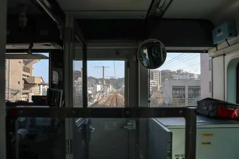March 23 2025 train Driver View From Cabin Over Cityscape and Railway Track.. Stock Photos