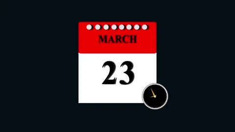 March 23 calendar page with rotating clock animation for deadline and sched.. Stock-Footage 332896449
