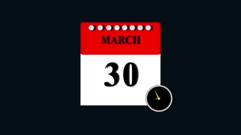 March 30 calendar page with rotating clock animation for deadline and sched.. 스톡 동영상 332896490