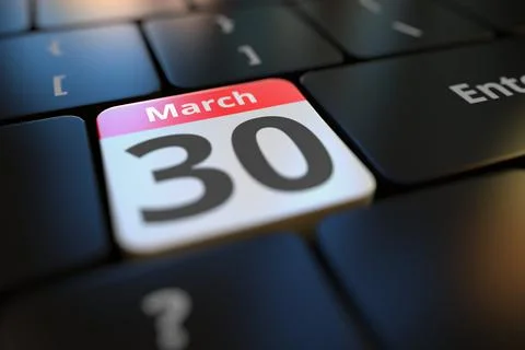 March 30 date on a keyboard key, 3d rendering 스톡 일러스트