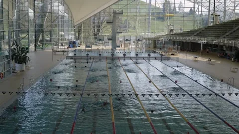 March 5, 2026. Munich, Germany. People swimming in indoor Olympic pool. Wide Stock Footage 334687280