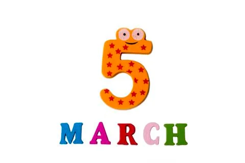 March 5 on white background, numbers and letters. Stock Photos