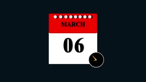 March 6th calendar date with animated clock timer for deadline and appointm.. Stock-Footage 332896595