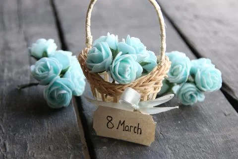 March 8 card. Rustic still life, roses and tag Stock Photos