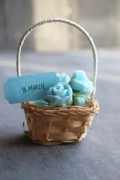 March 8 label. Rustic still life, roses Stock Photos