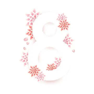 March 8, postcard, 3d delicate flowers, on white background international w.. Stock Illustration