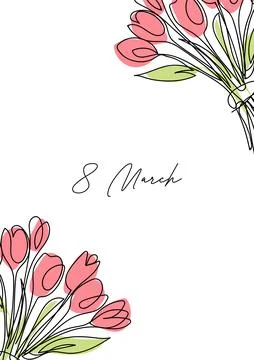 March 8, postcard line art, bouquet of tulip single line drawing. vector il.. Stock Illustration