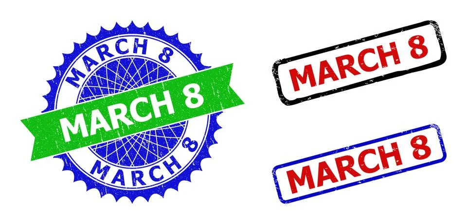 MARCH 8 Rosette and Rectangle Bicolor Seals with Corroded Textures Stock Illustration