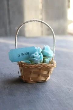 March 8 tag . Rustic still life, roses Stock Photos