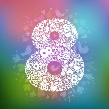 March 8 white objects on a multicolor background Stock Illustration