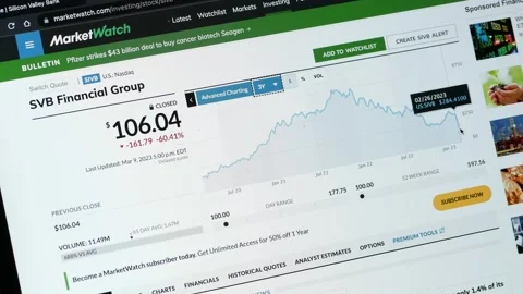 MARCH 9, 2023: Looking at Silicon Valley Bank Stock Price Drop on marketwatch Stock Footage 235683088