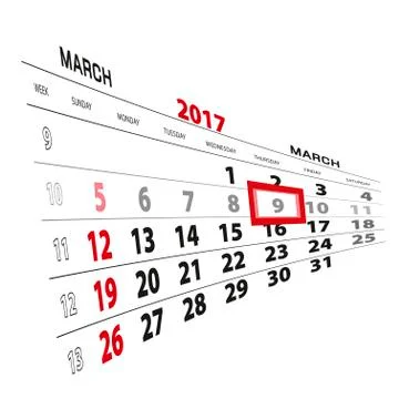 March 9, highlighted on 2017 calendar. Stock Illustration