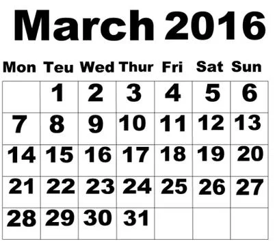March Calendar 2016 Stock Illustration