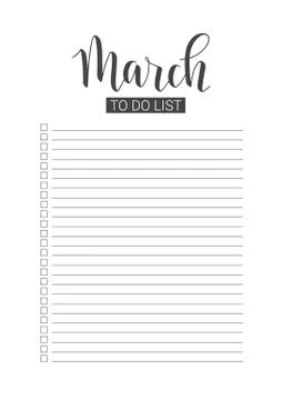 March To Do List. Vector Template. Handwritten lettering. Stock Illustration