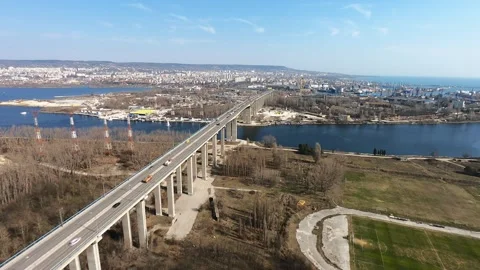 March Drone View Over Asparuhov Bridge and Varna Bay, 2019 Stock Footage 322939751