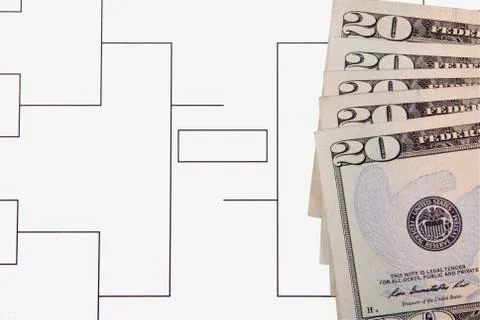 March madness final four bracket and twenty dollar bills Stock Photos