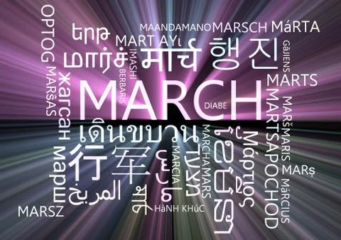 March multilanguage wordcloud background concept glowing Illustrazione stock