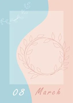 March postcard. Minimal card for spring holidays, pastel pink and blue colors Stock Illustration
